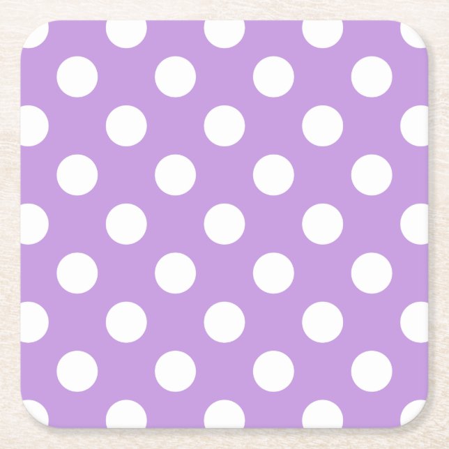 White polka dots on lilac square paper coaster (Front)