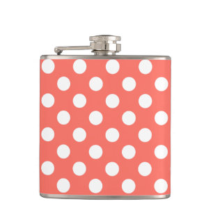 White polka dots on living coral hip flask