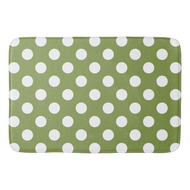 White polka dots on olive green bath mat (Front)