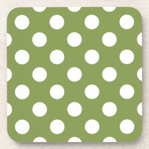 White polka dots on olive green coaster