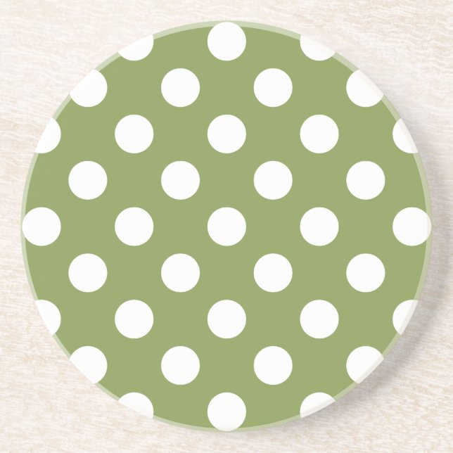 White polka dots on olive green coaster (Front)