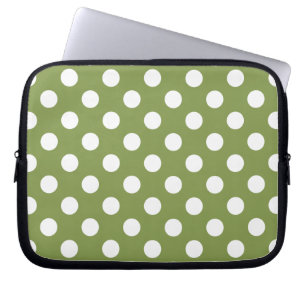 White polka dots on olive green laptop sleeve