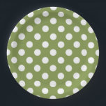 White polka dots on olive green paper plate<br><div class="desc">White polka dots on olive green</div>