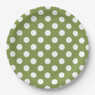 White polka dots on olive green paper plate