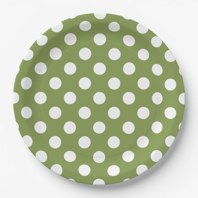 White polka dots on olive green paper plate (Front)