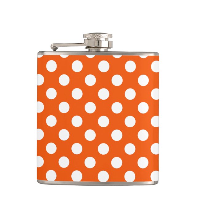 White polka dots on orange hip flask (Front)