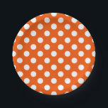 White polka dots on orange paper plate<br><div class="desc">White polka dots on orange</div>