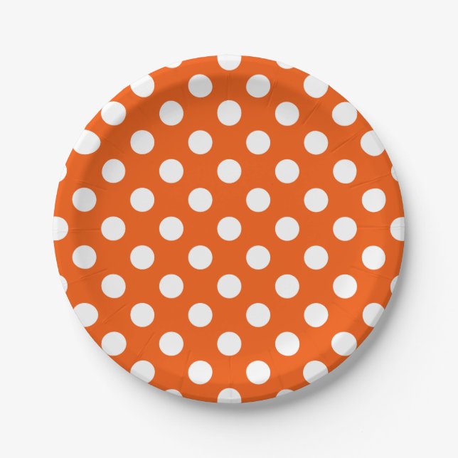 White polka dots on orange paper plate (Front)
