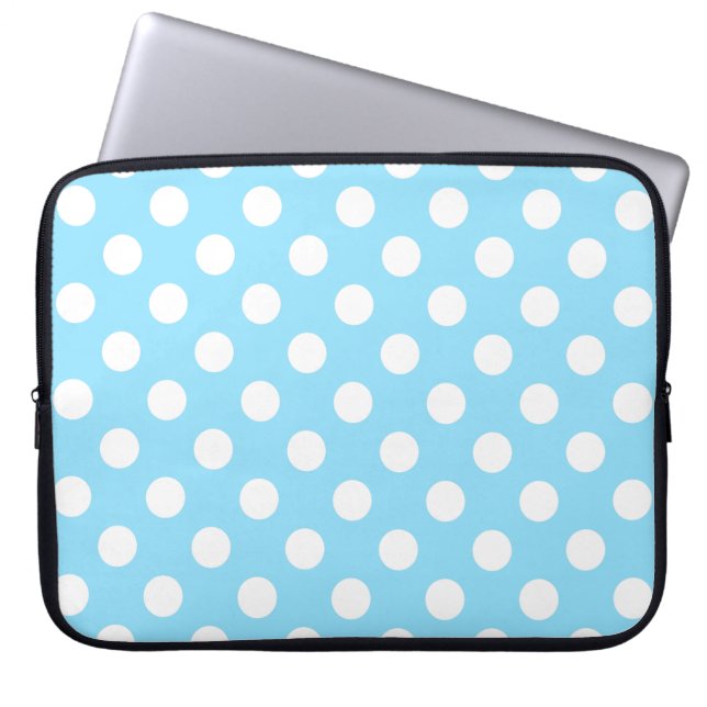 White polka dots on pale blue laptop sleeve (Front)