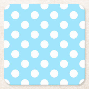 White polka dots on pale blue square paper coaster