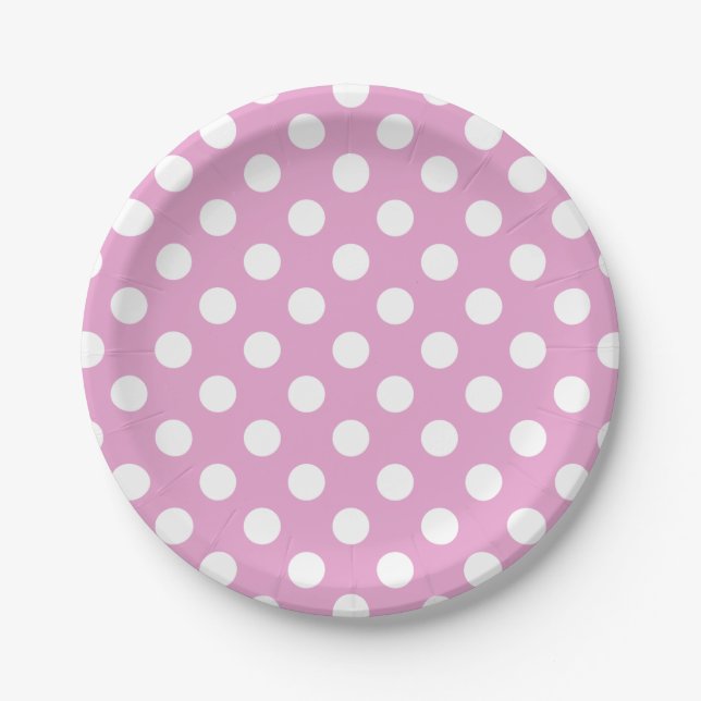 White polka dots on pale pink paper plate (Front)