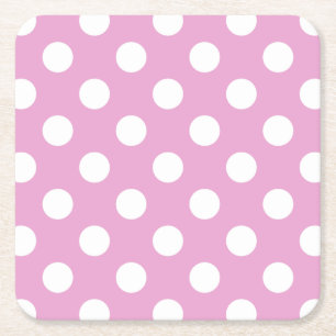 White polka dots on pale pink square paper coaster