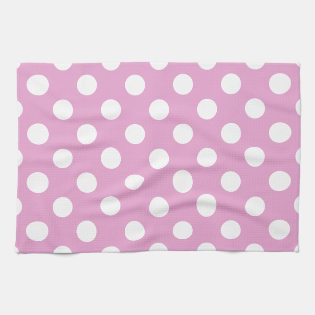 White polka dots on pale pink tea towel (Horizontal)