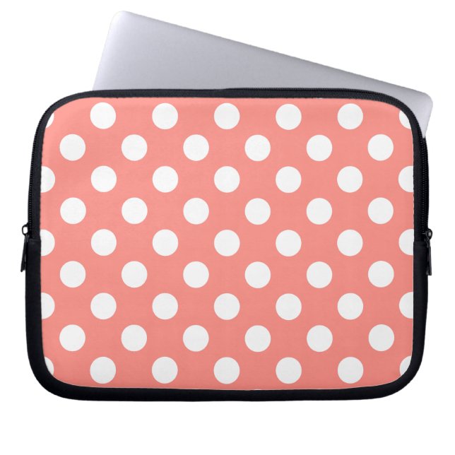 White polka dots on peach laptop sleeve (Front)