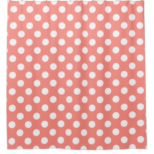 White polka dots on peach shower curtain