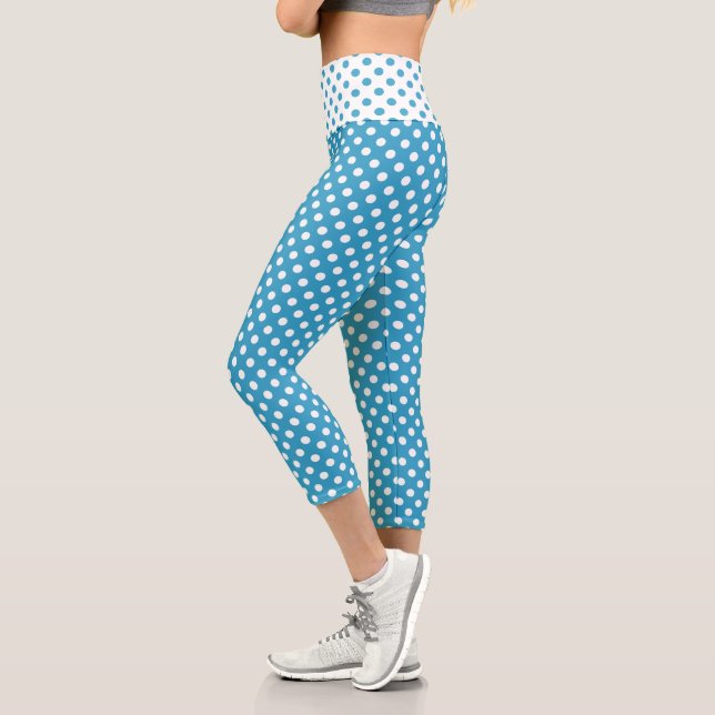 White Polka Dots on Peacock Blue Background Capri Leggings (Left)