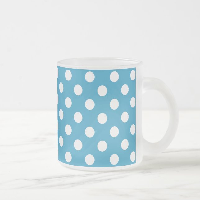White Polka Dots on Peacock Blue Background Frosted Glass Coffee Mug (Right)