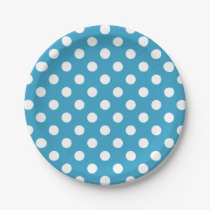 White Polka Dots on Peacock Blue Background Paper Plate