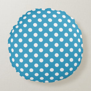 White Polka Dots on Peacock Blue Background Round Cushion