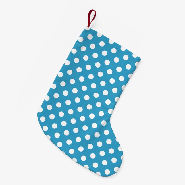 White Polka Dots on Peacock Blue Background Small Christmas Stocking (Front (Hanging))