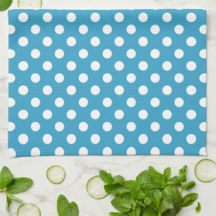 White Polka Dots on Peacock Blue Background Tea Towel