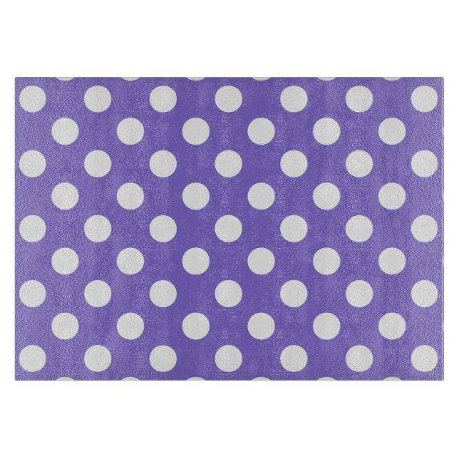 White polka dots on periwinkle cutting board (Front)