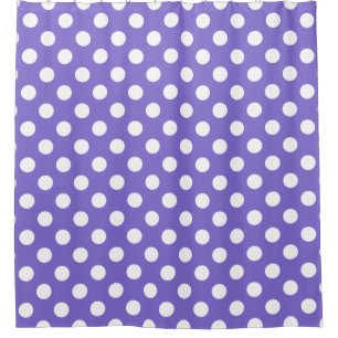 White polka dots on periwinkle shower curtain