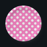 White polka dots on pink paper plate<br><div class="desc">White polka dots on pink</div>