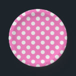 White polka dots on pink paper plate<br><div class="desc">White polka dots on pink</div>