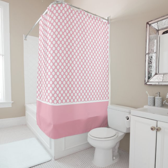 White Polka Dots On Pink Shower Curtain (In Situ)