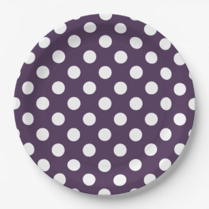 White polka dots on plum purple paper plate