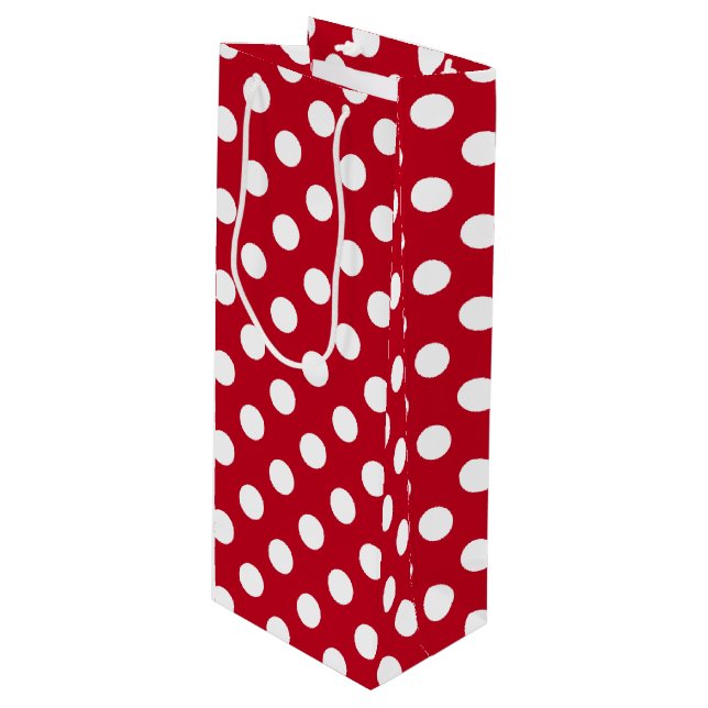 White polka dots on red wine gift bag (Front Angled)