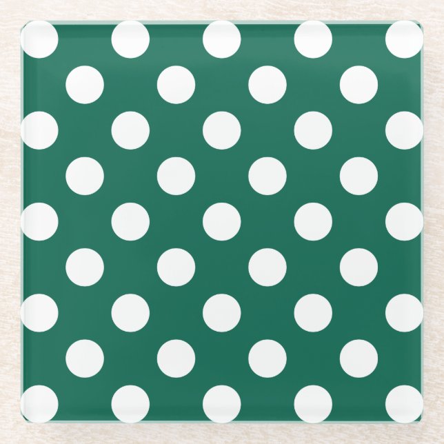 White polka dots on sage green glass coaster (Front)