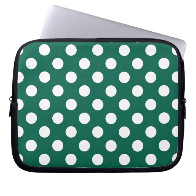 White polka dots on sage green laptop sleeve (Front)