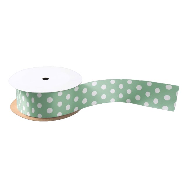 White Polka Dots on Sage Green  Satin Ribbon (Spool)