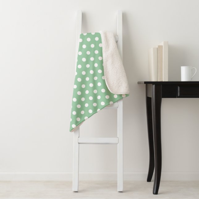 White Polka Dots on Sage Green  Sherpa Blanket (In Situ)