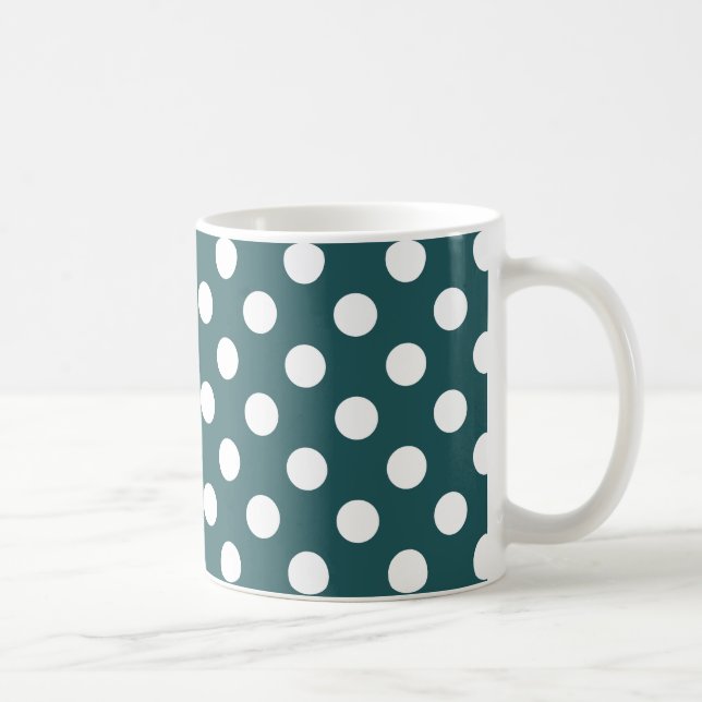 White polka dots on teal coffee mug (Right)