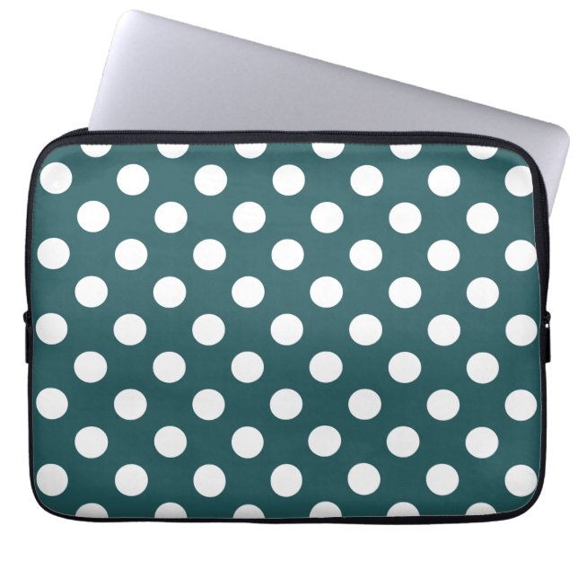 White polka dots on teal laptop sleeve (Front)