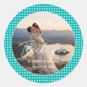 White Polka Dots on Teal – Personalised Wedding Cl Classic Round Sticker