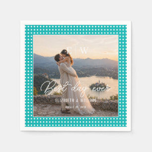 White Polka Dots on Teal – Personalised Wedding Napkin