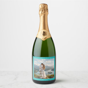 White Polka Dots on Teal – Personalised Wedding Sparkling Wine Label