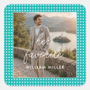 White Polka Dots on Teal – Personalised Wedding Square Sticker