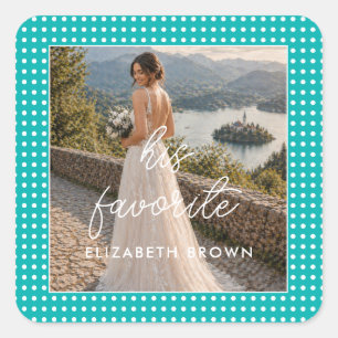White Polka Dots on Teal – Personalised Wedding Square Sticker