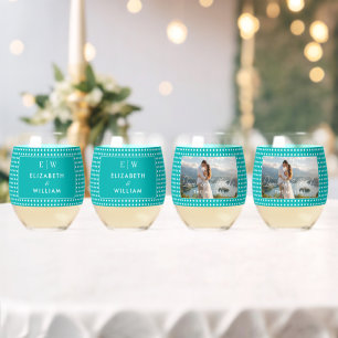 White Polka Dots on Teal – Personalised Wedding Stemless Wine Glass