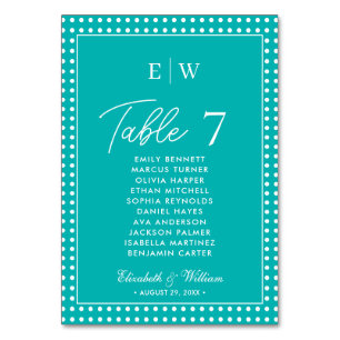 White Polka Dots on Teal – Personalised Wedding Table Number