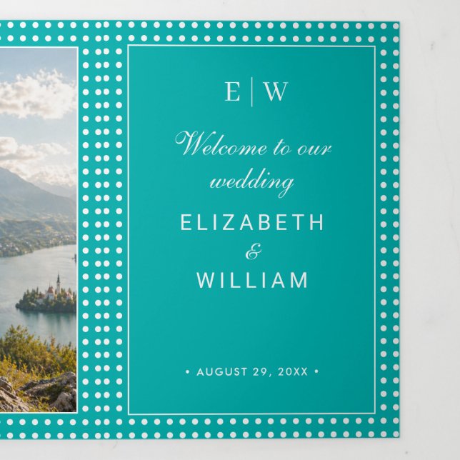 White Polka Dots on Teal – Personalised Wedding Tri-Fold Programme (Cover)