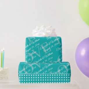 White Polka Dots on Teal – Personalised Wedding Wrapping Paper