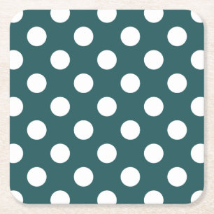 White polka dots on teal square paper coaster