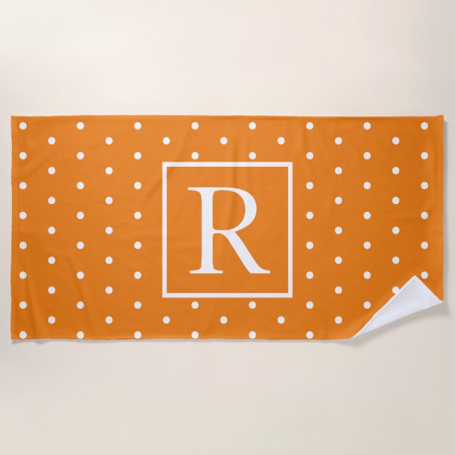 White Polka Dots Orange Monogram Initials Cute Beach Towel (Front)