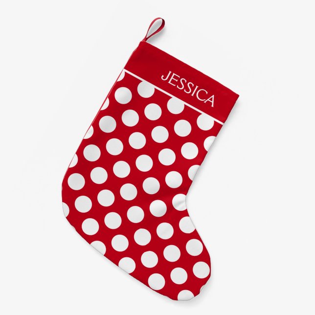 White Polka Dots Over Red Background Small Christmas Stocking (Front (Hanging))